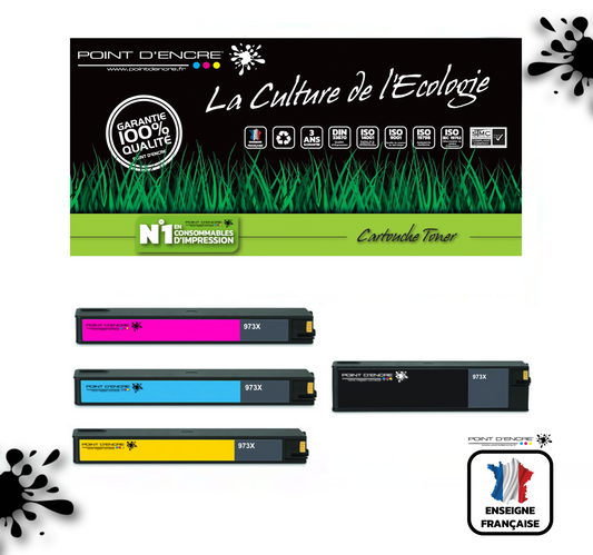 973XL / 913- ABONNEMENT - Pack de 4 Cartouches D'encre Noir/Cyan/Magenta/ Jaune - Grande capacité de Marque Française POINT D'ENCRE Pour imprimante compatible HP (clhp)