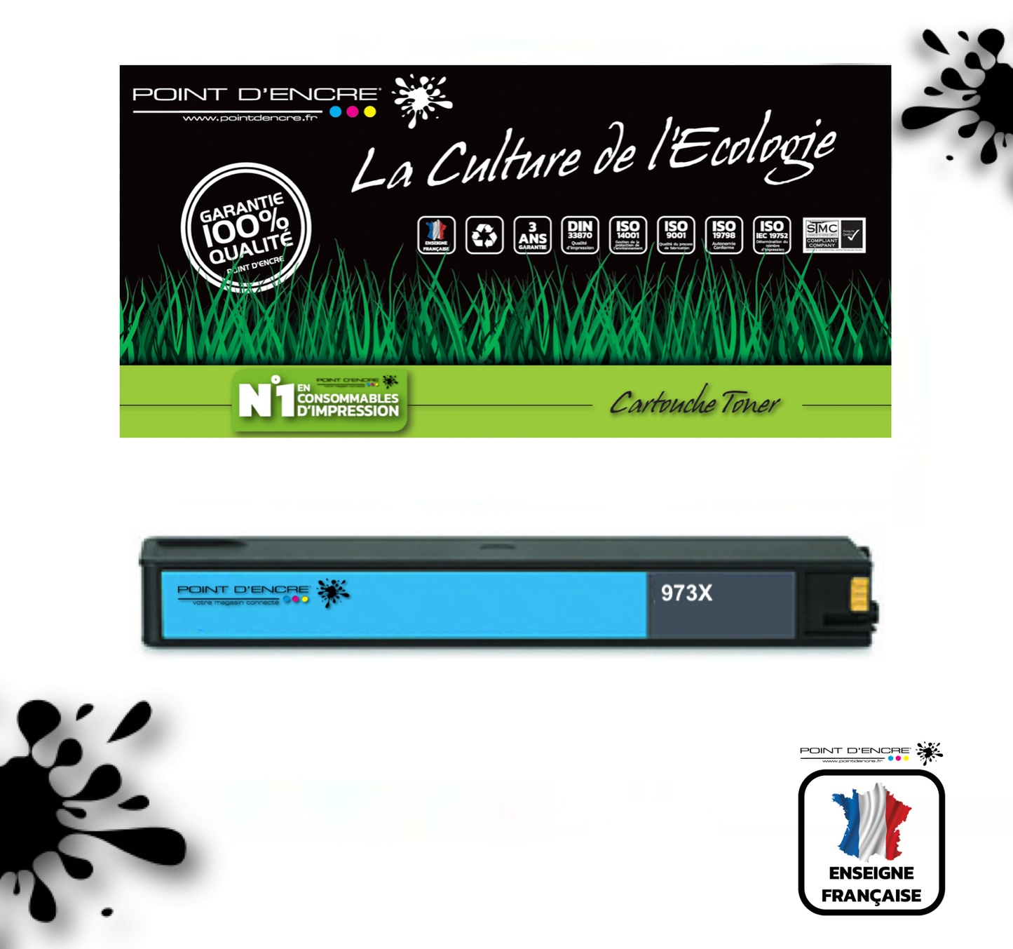 973XL / 913- CYAN - Grande capacité de Marque Française POINT D'ENCRE Pour imprimante compatible HP (clhp)