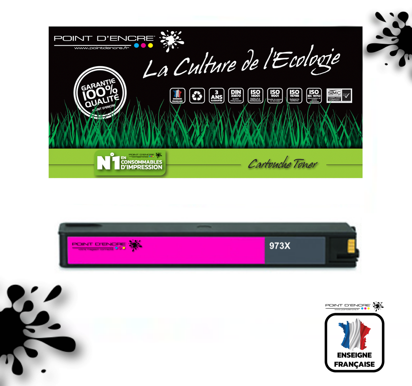973XL / 913- MAGENTA - Grande capacité de Marque Française POINT D'ENCRE Pour imprimante compatible HP (clhp)