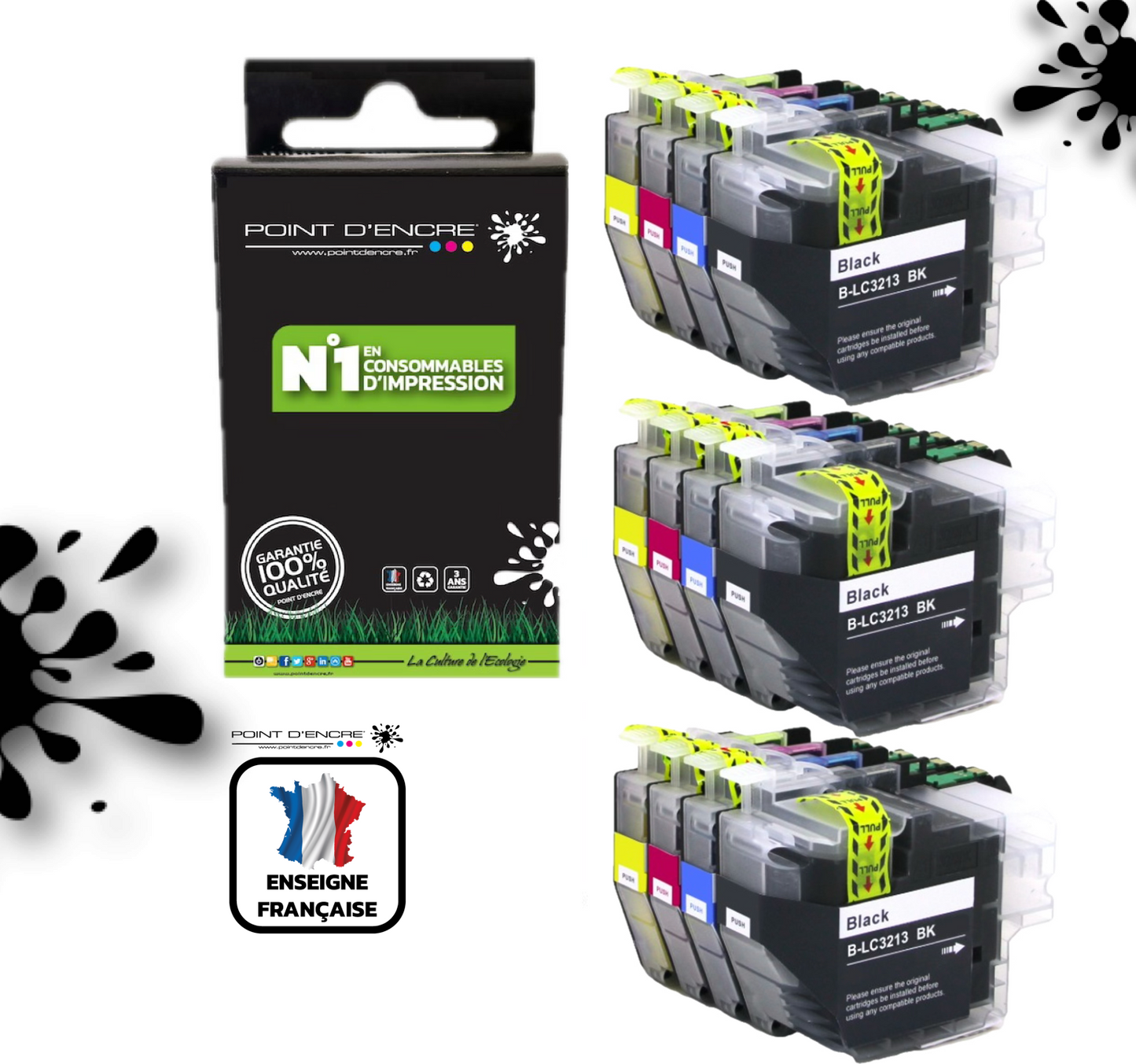 LC3213/LC3211XL - 3 X Pack de 4 Cartouches D'encre Noir/Cyan/Magenta/ Jaune - Grande capacité de Marque Française POINT D'ENCRE Pour imprimante compatible BROTHER (ceb)