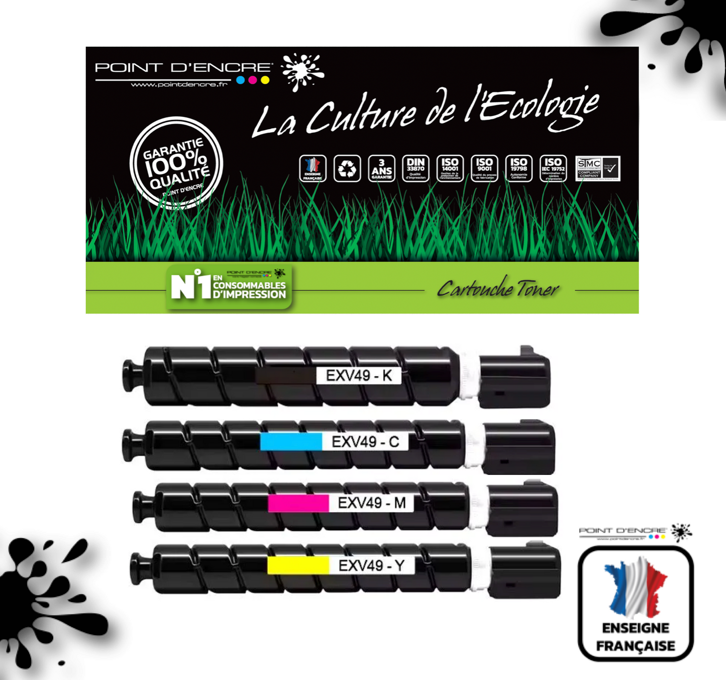C-EXV49 - NOIR 8524B002 / CYAN 8525B002 / MAGENTA 8526B002 / JAUNE 8527B002 - Grande capacité Marque Francaise POINT D'ENCRE pour Imprimantes compatibles Brother (clc)