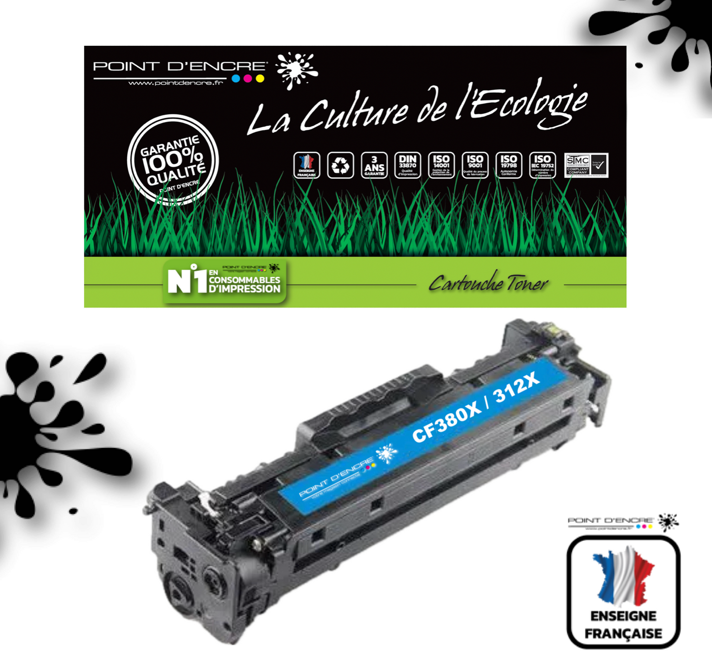 312X / CF380X - CYAN - Grande capacité Marque Francaise POINT D'ENCRE pour Imprimantes compatibles HP (clhp)