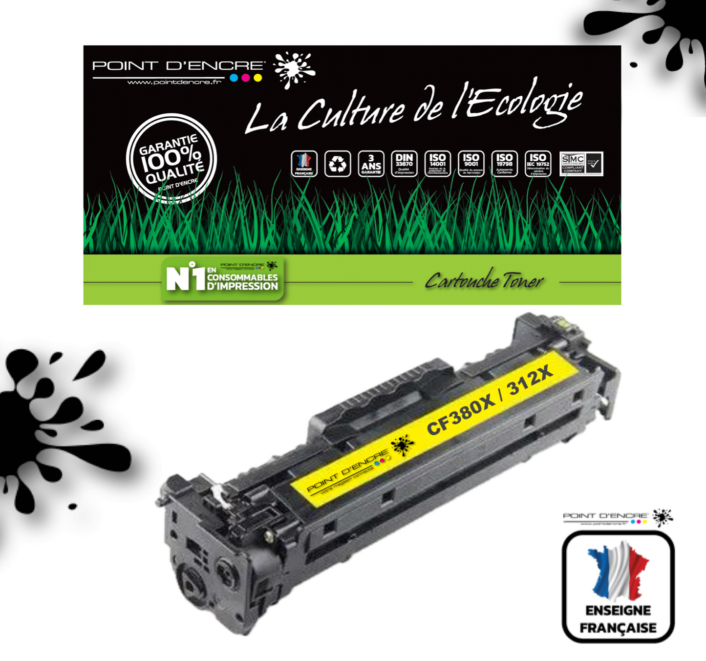 312X / CF380X - JAUNE - Grande capacité Marque Francaise POINT D'ENCRE pour Imprimantes compatibles HP (clhp)