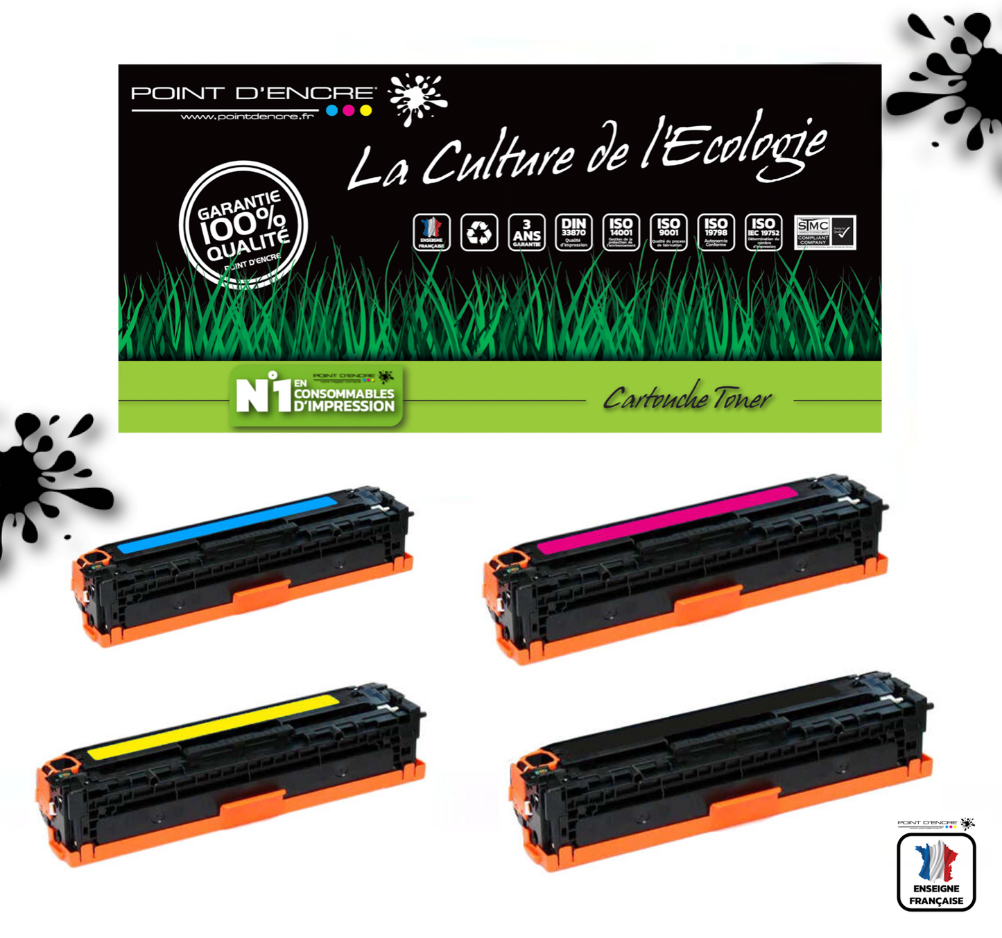 410X / CF410X - NOIR / CYAN / MAGENTA / JAUNE - Grande capacité Marque Francaise POINT D'ENCRE pour Imprimantes compatibles HP (clhp)