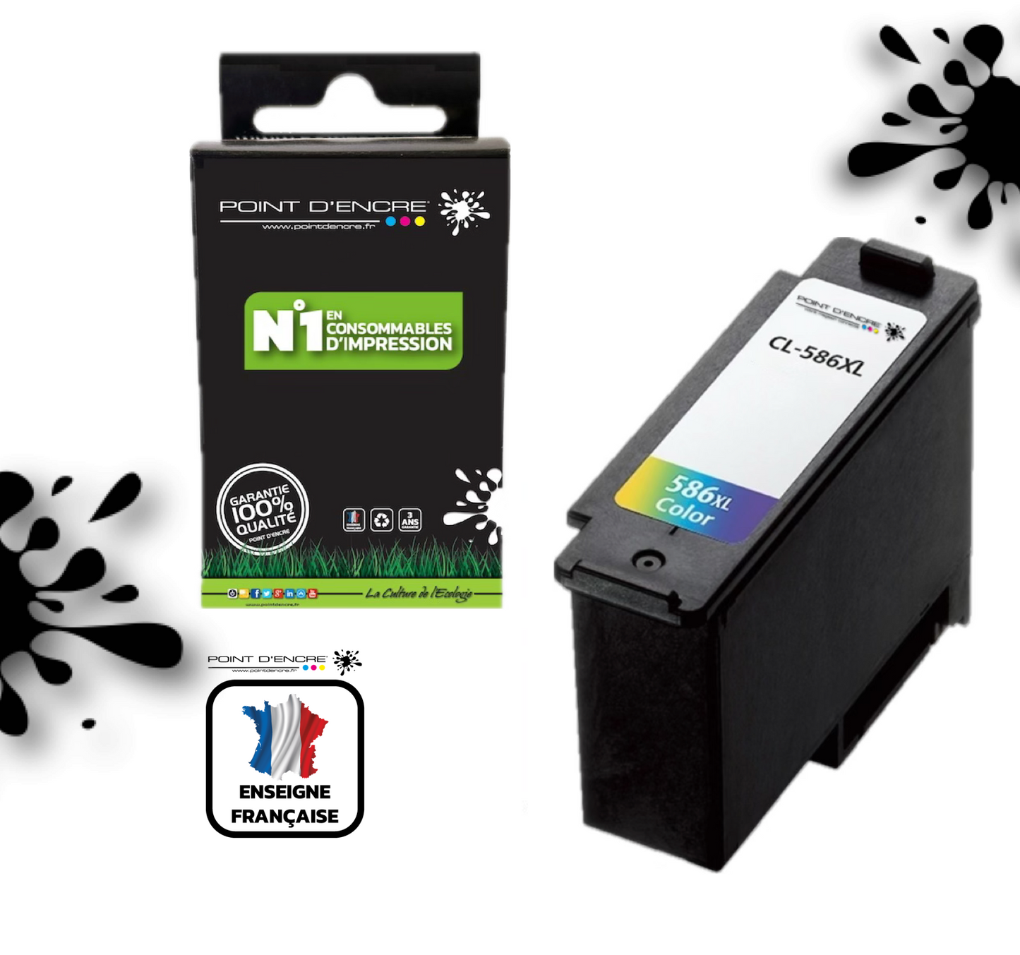 CL-586XL - COULEUR - Grande capacité de Marque Française POINT D'ENCRE - Pour imprimante compatible CANON (cec)