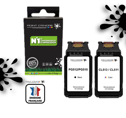 PG-510 / PG-512 NOIR  - CL-513 / CL-511 COULEUR - Grande capacité de Marque Française POINT D'ENCRE - Pour imprimante compatible CANON (cec)