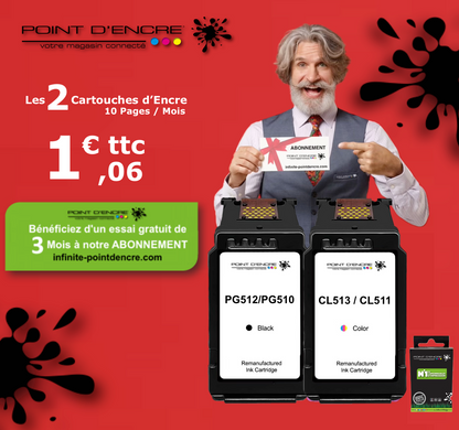 PG-510 / PG-512 NOIR  - CL-513 / CL-511 COULEUR - ABONNEMENT - Grande capacité de Marque Française POINT D'ENCRE - Pour imprimante compatible CANON (cec)