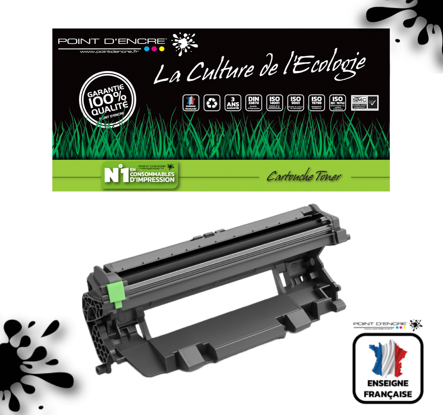 DR1150 - Tambour - Noir - Grande capacité Marque Francaise POINT D'ENCRE pour Imprimantes compatibles Brother (clp)