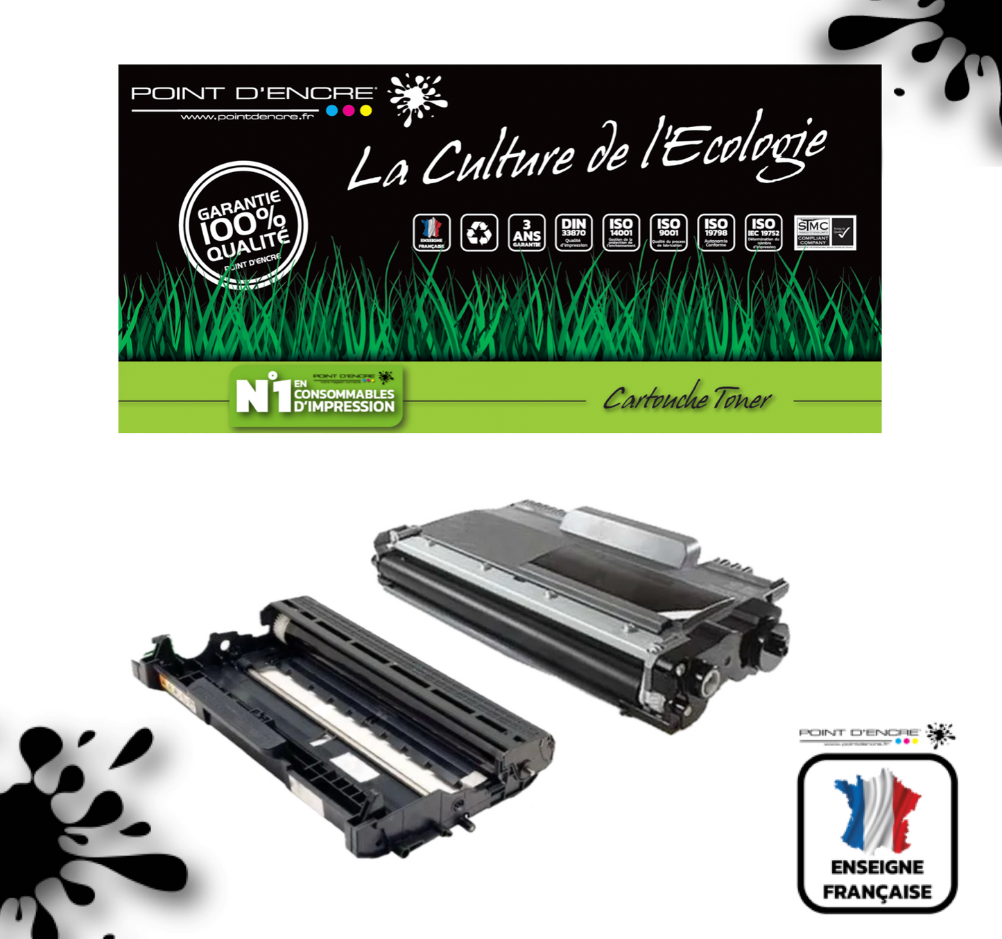 DR2200 / DR450 / TN2220/TN2210/TN2010/TN450 - NOIR - Grande capacité Marque Francaise POINT D'ENCRE SU799A / SU810A pour Imprimantes compatibles Brother (clbr)