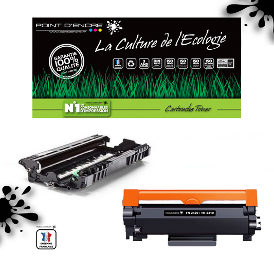 DR2400 (tambour) &amp; TN2420 / TN2410 Cartouche d'encre Toner - Noir - Grande capacité Marque Francaise POINT D'ENCRE pour Imprimantes compatibles Brother (clp)