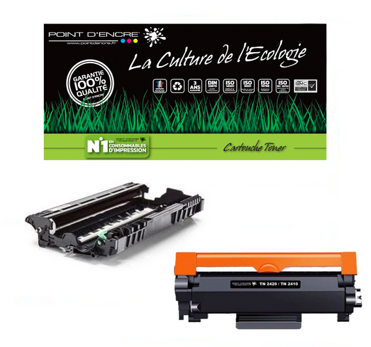 DR2400 (tambour) &amp; TN2420 / TN2410 Cartouche d'encre Toner - Noir - Grande capacité Marque Francaise POINT D'ENCRE pour Imprimantes compatibles Brother (clp)