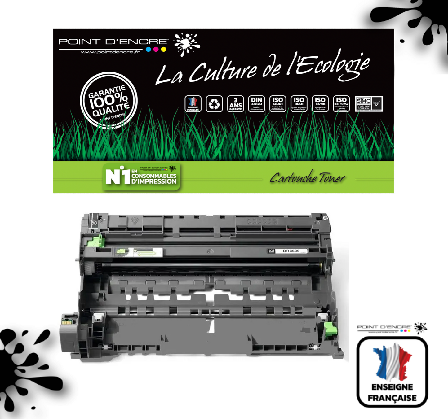 DR3600 - TAMBOUR - Noir - Grande capacité Marque Francaise POINT D'ENCRE pour Imprimantes compatibles Brother (clp)