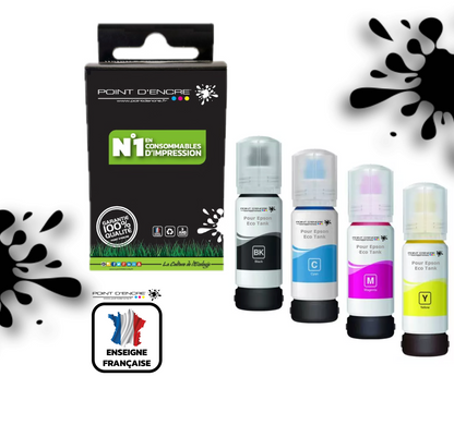 104 / C13T00P640 - Pack de 4 bouteilles D'encre Noir/Cyan/Magenta/ Jaune - Grande capacité de Marque Francaise POINT D'ENCRE Pour imprimante compatible EPSON (eep)
