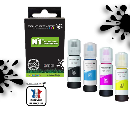 104 / C13T00P640 - Pack de 4 bouteilles D'encre Noir/Cyan/Magenta/ Jaune - Grande capacité de Marque Francaise POINT D'ENCRE Pour imprimante compatible EPSON (eep)
