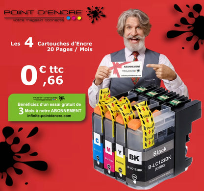 LC123XL/LC121XL - Abonnement - Pack de 4 Cartouches D'encre Noir/Cyan/Magenta/ Jaune - Grande capacité de Marque Francaise POINT D'ENCRE Pour imprimante compatible BROTHER (ceb)