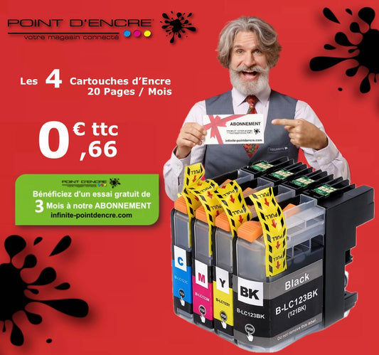 LC123XL/LC121XL - Abonnement - Pack de 4 Cartouches D'encre Noir/Cyan/Magenta/ Jaune - Grande capacité de Marque Francaise POINT D'ENCRE Pour imprimante compatible BROTHER (ceb)