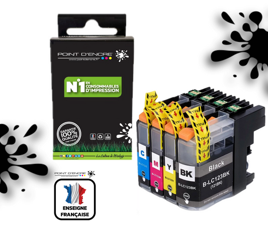 LC123XL/LC121XL - Pack de 4 Cartouches D'encre Noir/Cyan/Magenta/ Jaune - Grande capacité de Marque Francaise POINT D'ENCRE Pour imprimante compatible BROTHER (ceb)