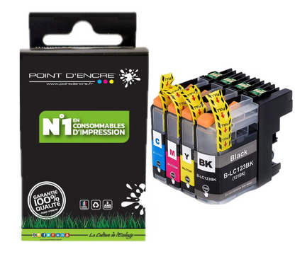LC123XL/LC121XL - Abonnement - Pack de 4 Cartouches D'encre Noir/Cyan/Magenta/ Jaune - Grande capacité de Marque Francaise POINT D'ENCRE Pour imprimante compatible BROTHER (ceb)