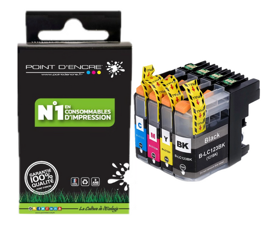 LC123XL/LC121XL - Pack de 4 Cartouches D'encre Noir/Cyan/Magenta/ Jaune - Grande capacité de Marque Francaise POINT D'ENCRE Pour imprimante compatible BROTHER (ceb)