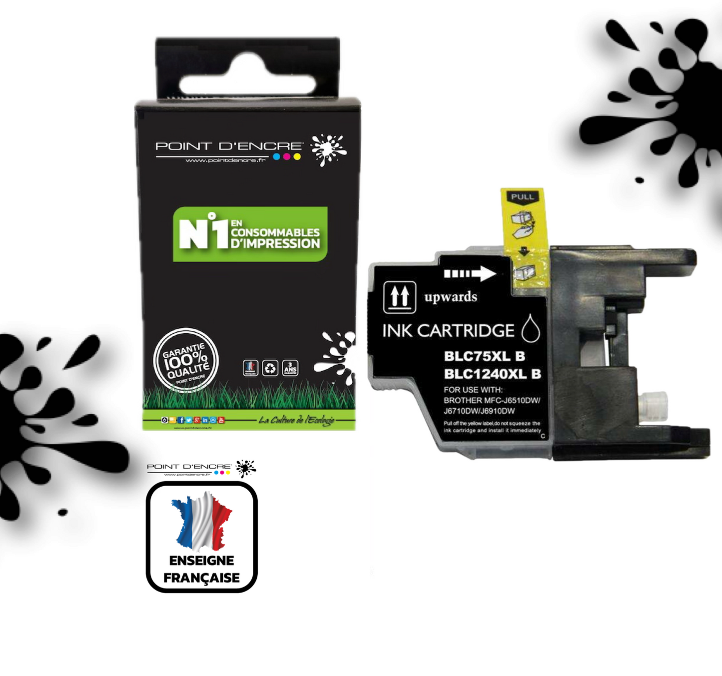 LC1240XL/LC1220XL/LC1280XL - NOIR - Grande capacité de Marque Française POINT D'ENCRE Pour imprimante compatible BROTHER (ceb)