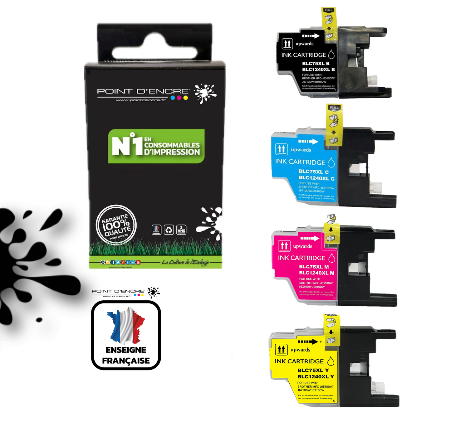 LC1240XL/LC1220XL/LC1280XL - ABONNEMENT - Pack de 4 Cartouches D'encre Noir/Cyan/Magenta/ Jaune - Grande capacité de Marque Française POINT D'ENCRE Pour imprimante compatible BROTHER (ceb)