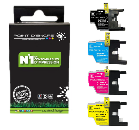 LC1240XL/LC1220XL/LC1280XL - Pack de 4 Cartouches D'encre Noir/Cyan/Magenta/ Jaune - Grande capacité de Marque Française POINT D'ENCRE Pour imprimante compatible BROTHER (ceb)