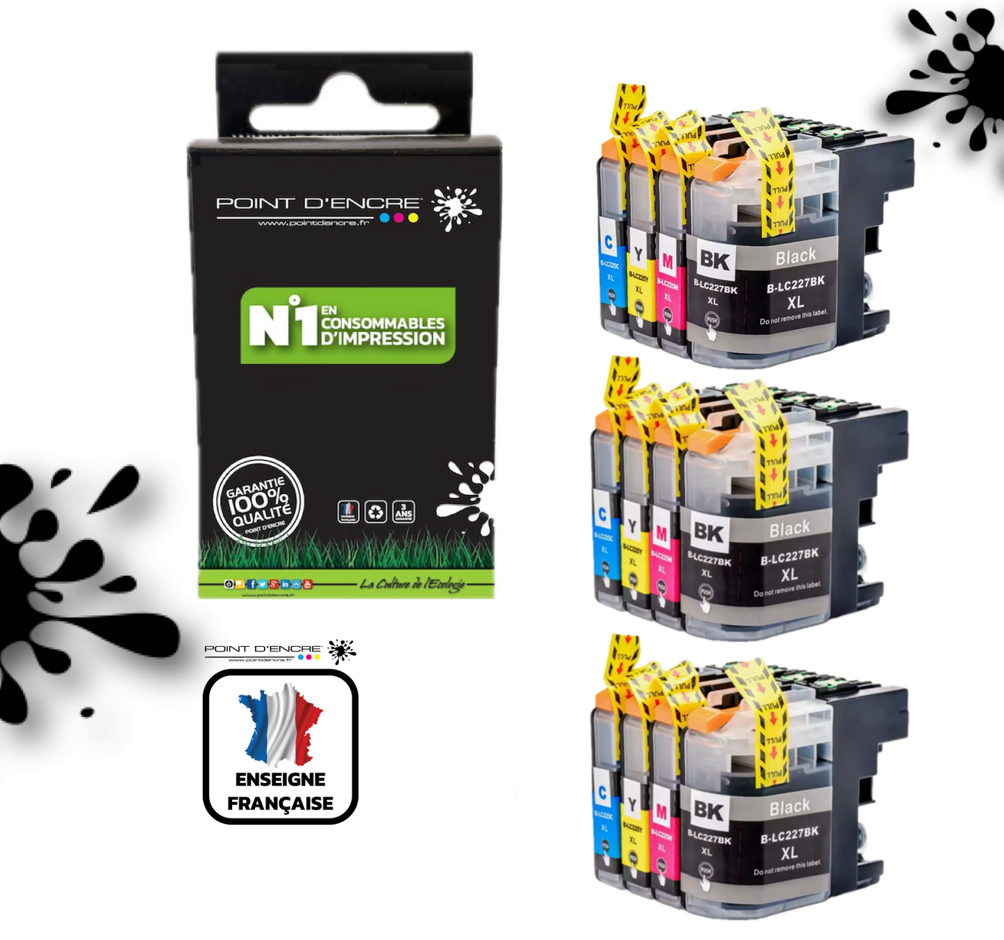 LC225XL / LC227XL - 3 X NOIR / CYAN / MAGENTA / JAUNE - Grande capacité de Marque Française POINT D'ENCRE Pour imprimante compatible BROTHER (ceb)
