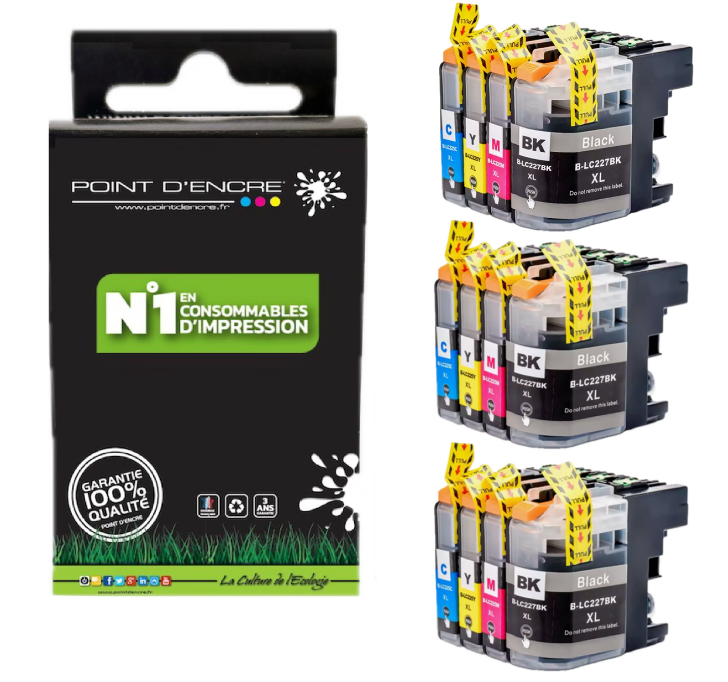 LC225XL / LC227XL - 3 X NOIR / CYAN / MAGENTA / JAUNE - Grande capacité de Marque Française POINT D'ENCRE Pour imprimante compatible BROTHER (ceb)