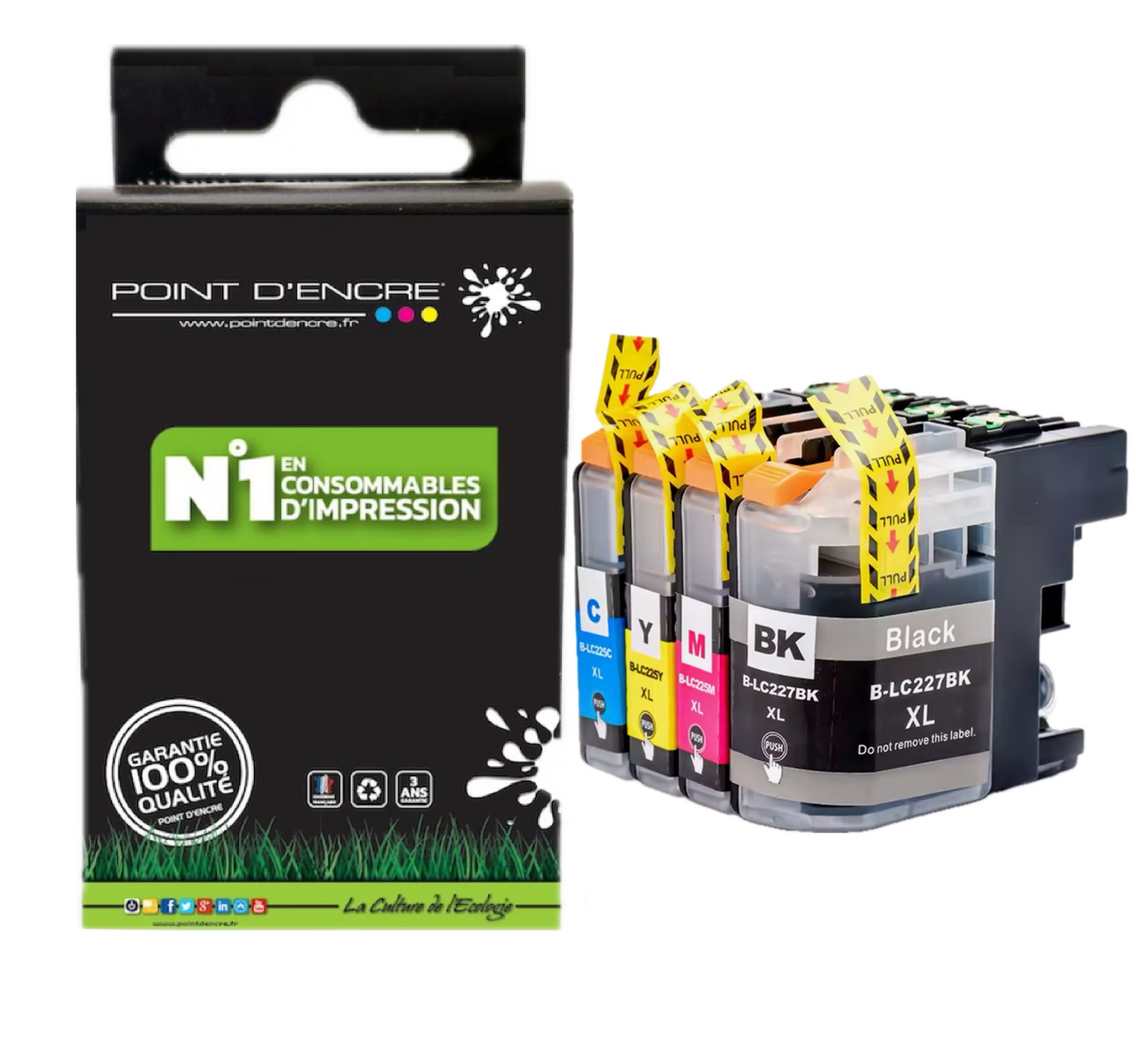 LC225XL / LC227XL - NOIR / CYAN / MAGENTA / JAUNE - Grande capacité de Marque Française POINT D'ENCRE Pour imprimante compatible BROTHER (ceb)