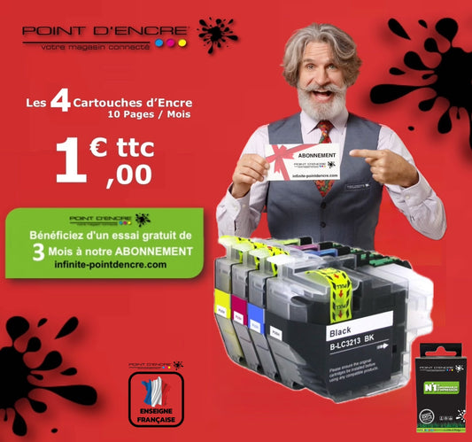 LC3213/LC3211XL - Abonnement - Pack de 4 Cartouches D'encre Noir/Cyan/Magenta/ Jaune - Grande capacité de Marque Française POINT D'ENCRE Pour imprimante compatible BROTHER (ceb)