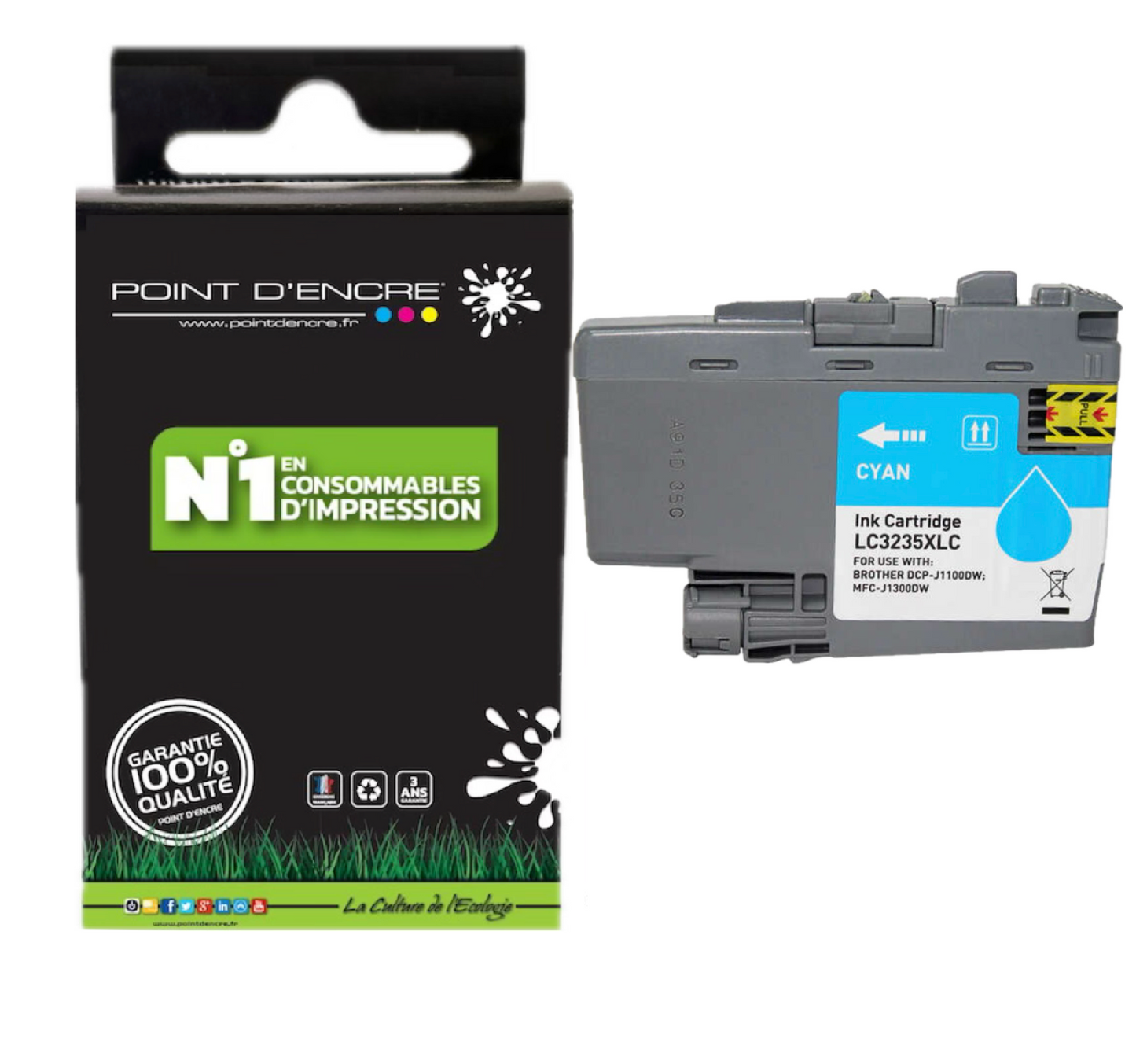 LC3235XL / LC3233 - CYAN - Grande capacité de Marque Française POINT D'ENCRE Pour imprimante compatible BROTHER (ceb)