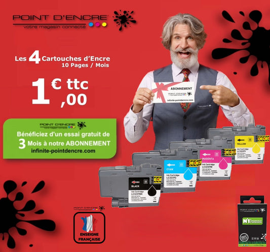 LC3237 - ABONNEMENT - Pack de 4 Cartouches D'encre Noir/Cyan/Magenta/ Jaune - Grande capacité de Marque Française POINT D'ENCRE Pour imprimante compatible BROTHER (ceb)