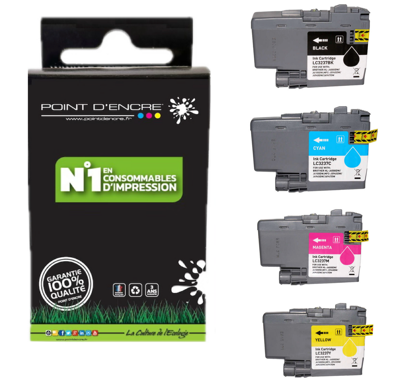 LC3237 - ABONNEMENT - Pack de 4 Cartouches D'encre Noir/Cyan/Magenta/ Jaune - Grande capacité de Marque Française POINT D'ENCRE Pour imprimante compatible BROTHER (ceb)