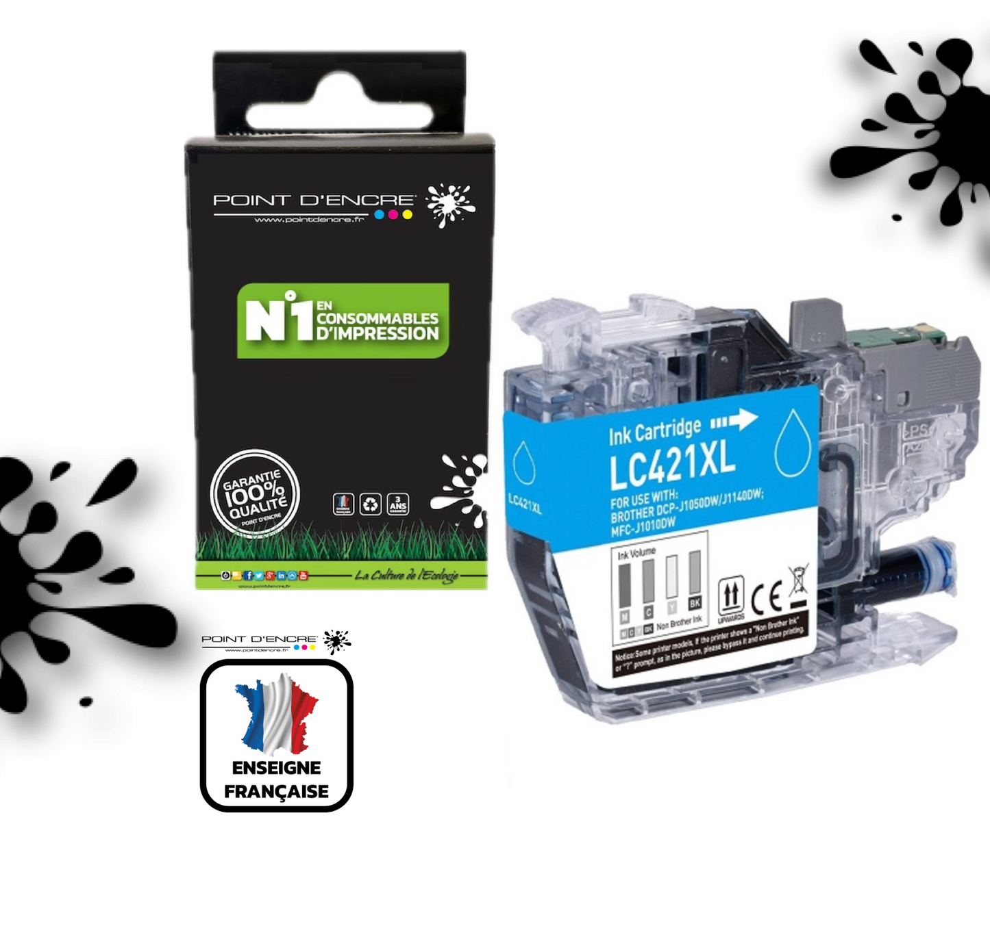 LC421XL - CYAN - Grande capacité de Marque Française POINT D'ENCRE Pour imprimante compatible BROTHER (ceb)