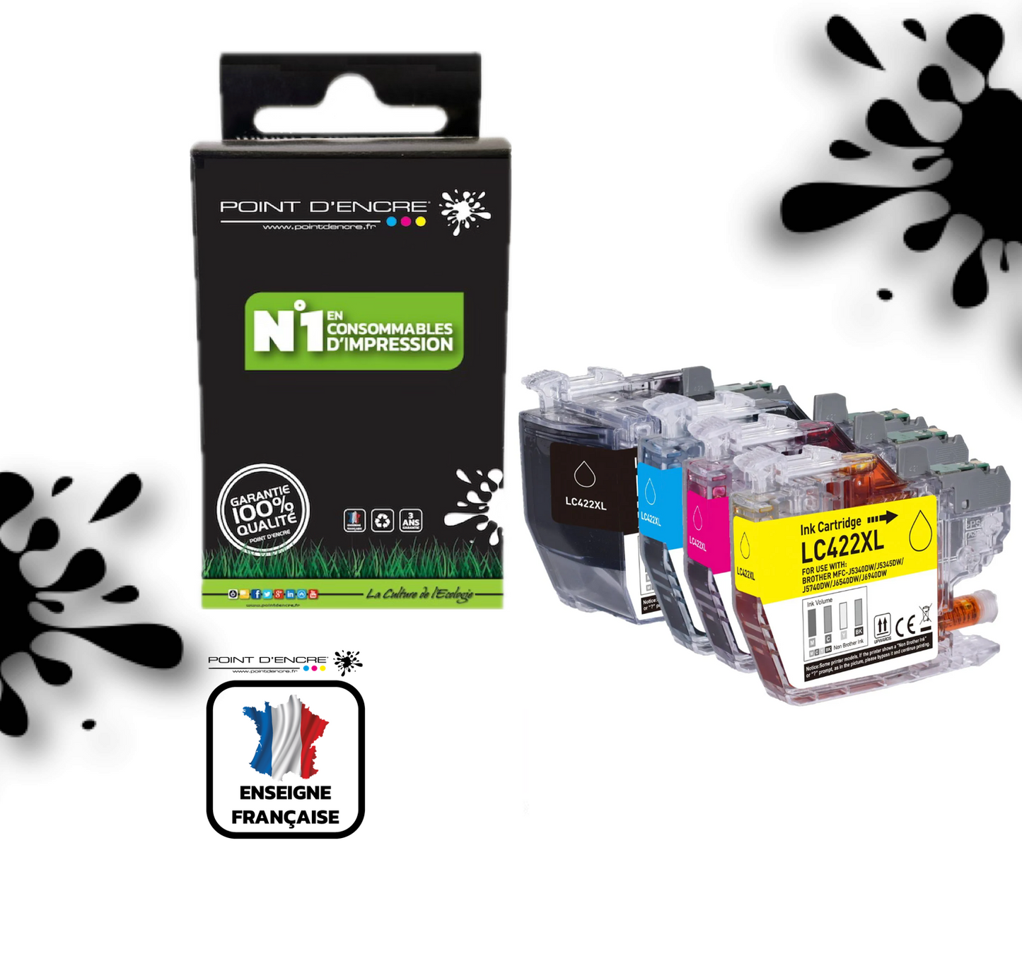 LC422XL - ABONNEMENT - Pack de 4 Cartouches D'encre Noir/Cyan/Magenta/ Jaune - Grande capacité de Marque Française POINT D'ENCRE Pour imprimante compatible BROTHER (ceb)