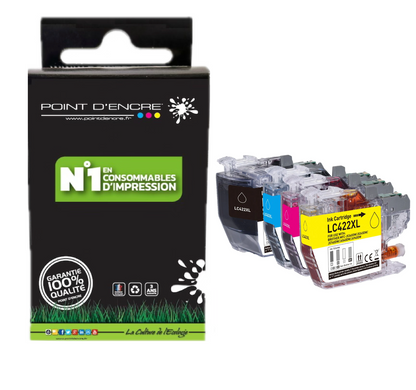 LC422XL - ABONNEMENT - Pack de 4 Cartouches D'encre Noir/Cyan/Magenta/ Jaune - Grande capacité de Marque Française POINT D'ENCRE Pour imprimante compatible BROTHER (ceb)