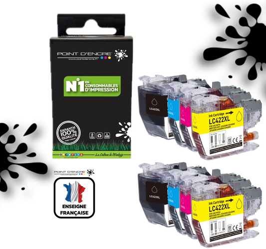 LC422XL - 2 X Pack de 4 Cartouches D'encre Noir/Cyan/Magenta/ Jaune - Grande capacité de Marque Française POINT D'ENCRE Pour imprimante compatible BROTHER (ceb)