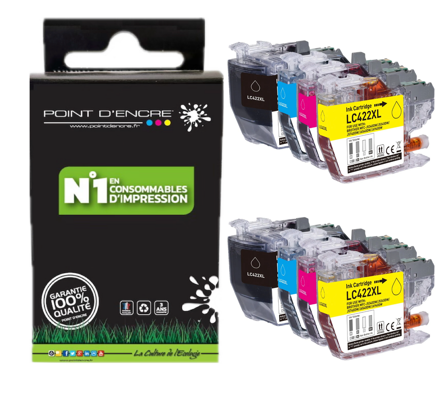 LC422XL - 2 X Pack de 4 Cartouches D'encre Noir/Cyan/Magenta/ Jaune - Grande capacité de Marque Française POINT D'ENCRE Pour imprimante compatible BROTHER (ceb)