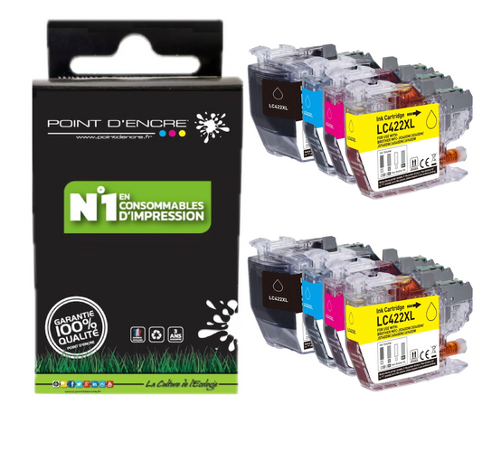 LC422XL - 2 X Pack de 4 Cartouches D'encre Noir/Cyan/Magenta/ Jaune - Grande capacité de Marque Française POINT D'ENCRE Pour imprimante compatible BROTHER (ceb)
