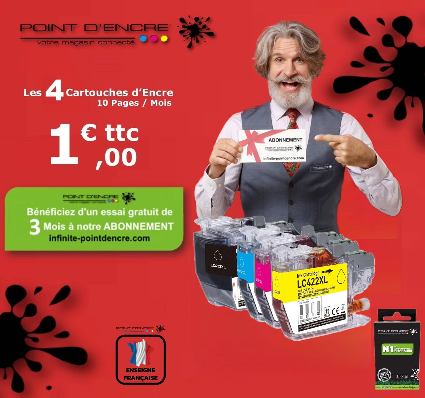 LC422XL - ABONNEMENT - Pack de 4 Cartouches D'encre Noir/Cyan/Magenta/ Jaune - Grande capacité de Marque Française POINT D'ENCRE Pour imprimante compatible BROTHER (ceb)