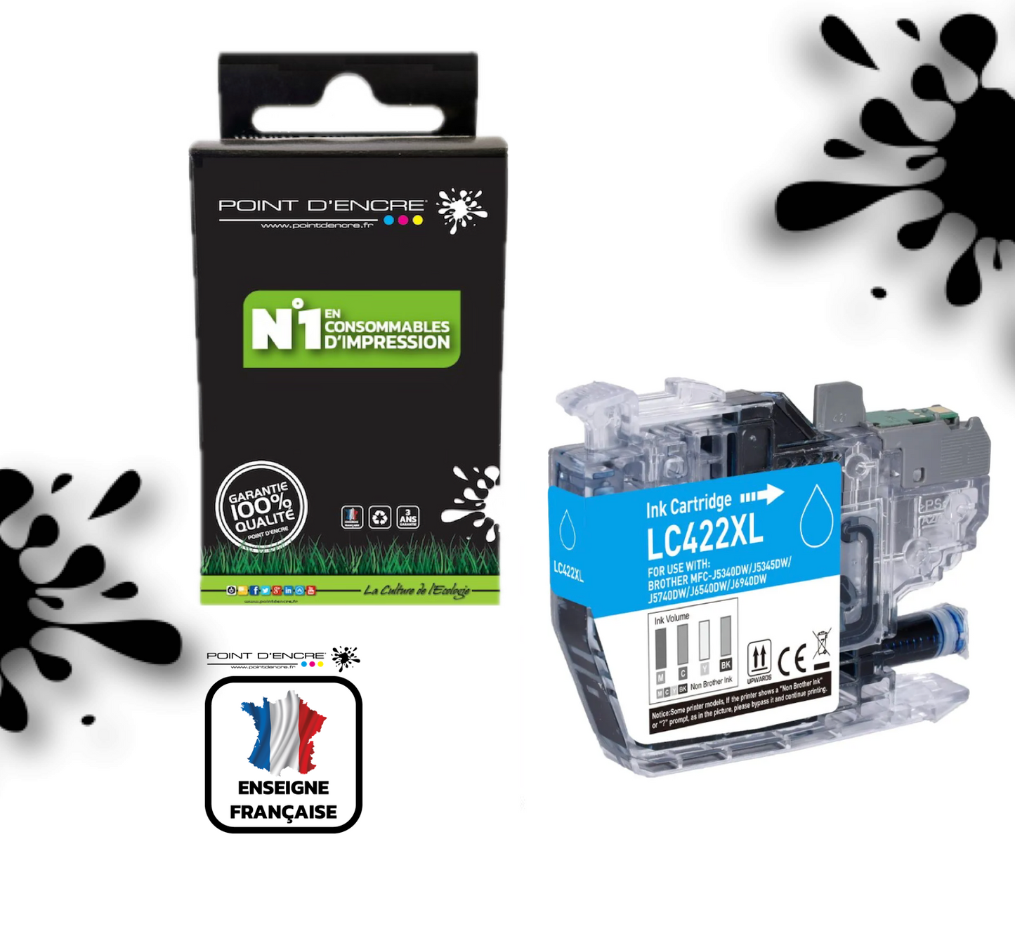 LC422XL - CYAN - Grande capacité de Marque Française POINT D'ENCRE Pour imprimante compatible BROTHER (ceb)