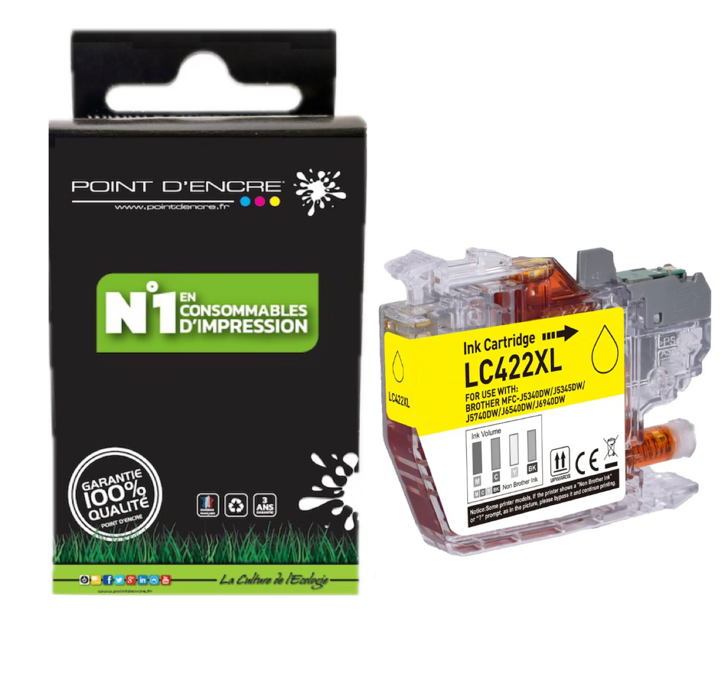 LC422XL - JAUNE - Grande capacité de Marque Française POINT D'ENCRE Pour imprimante compatible BROTHER (ceb)