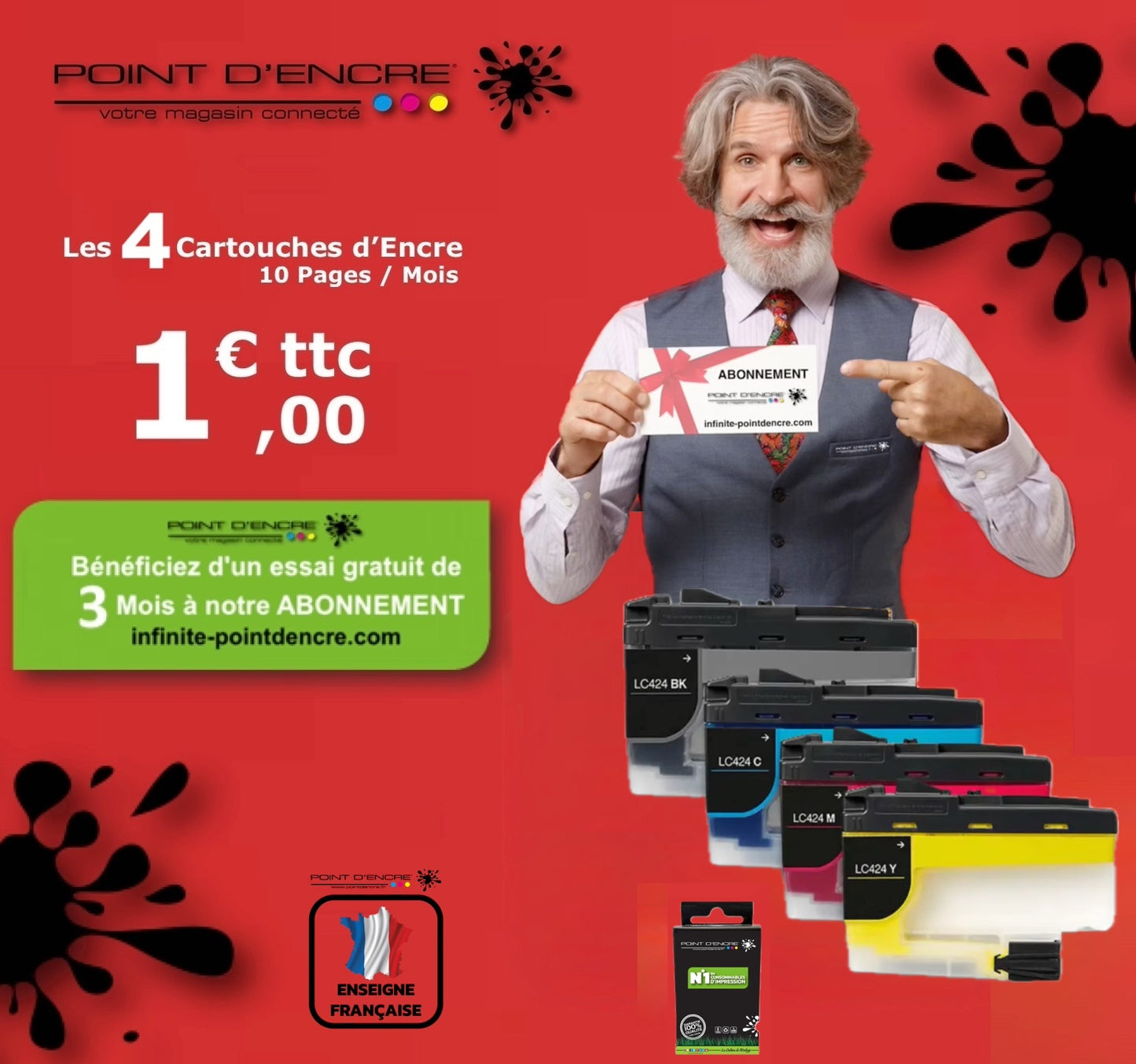 LC424 - ABONNEMENT -  Pack de 4 Cartouches D'encre Noir/Cyan/Magenta/ Jaune - Grande capacité de Marque Française POINT D'ENCRE Pour imprimante compatible BROTHER (ceb)