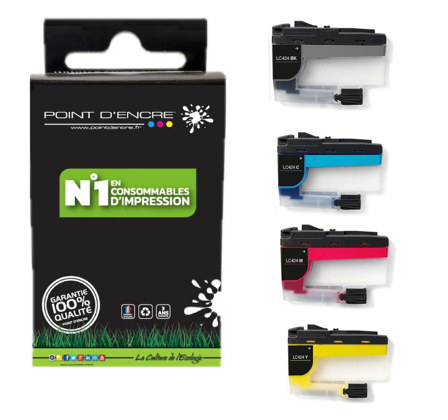 LC424 - ABONNEMENT -  Pack de 4 Cartouches D'encre Noir/Cyan/Magenta/ Jaune - Grande capacité de Marque Française POINT D'ENCRE Pour imprimante compatible BROTHER (ceb)