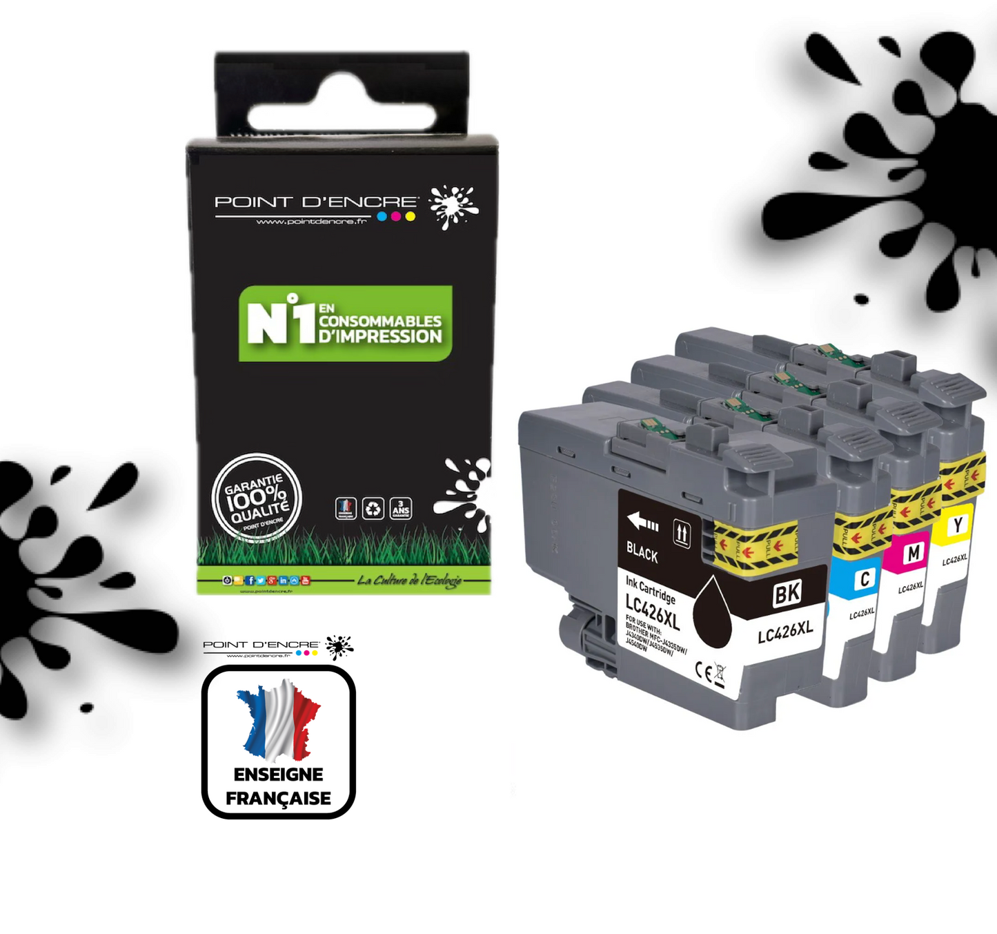 LC426XL - Pack de 4 Cartouches D'encre Noir/Cyan/Magenta/ Jaune - Grande capacité de Marque Française POINT D'ENCRE Pour imprimante compatible BROTHER (ceb)