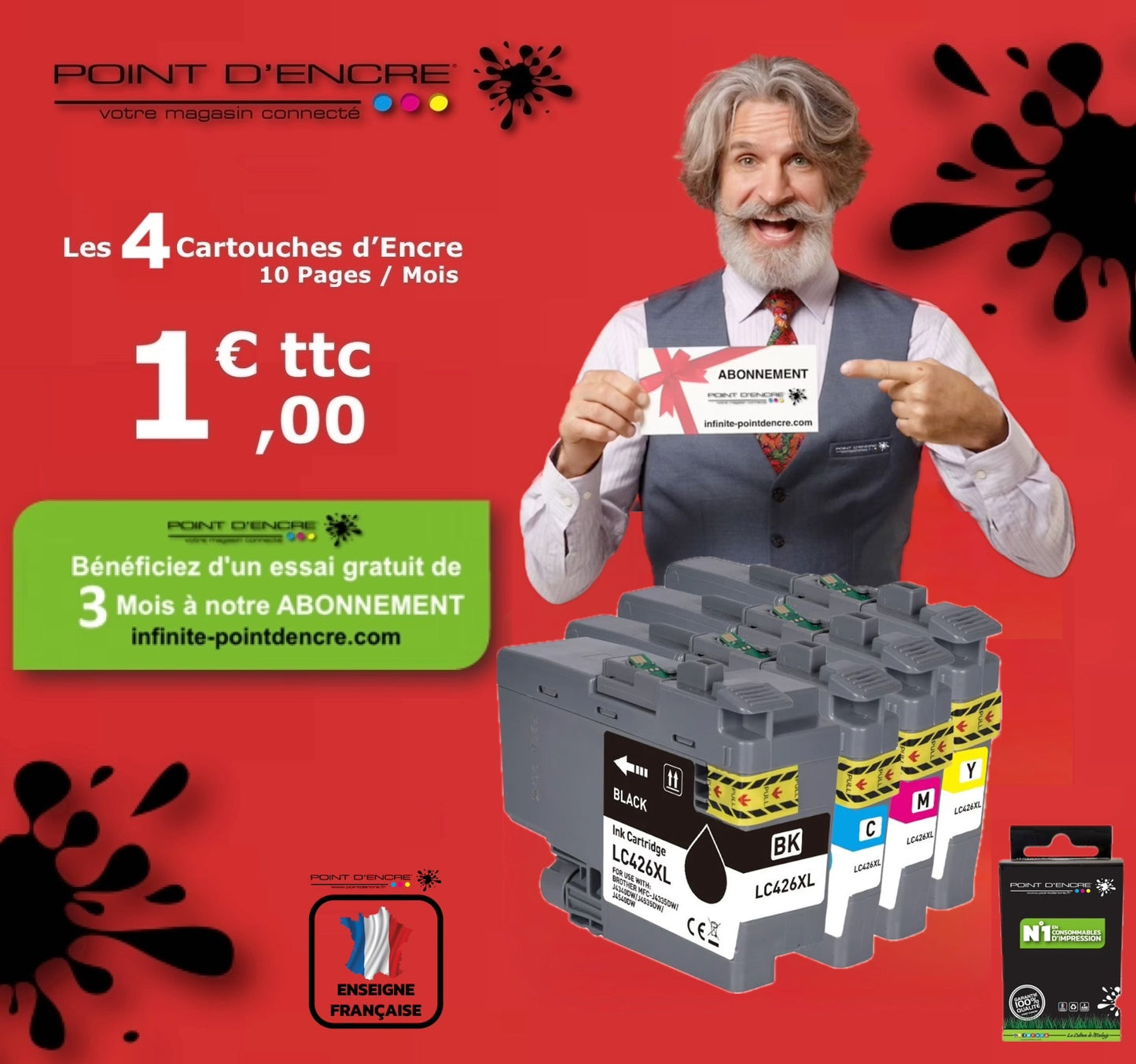 LC426XL - ABONNEMENT - Pack de 4 Cartouches D'encre Noir/Cyan/Magenta/ Jaune - Grande capacité de Marque Française POINT D'ENCRE Pour imprimante compatible BROTHER (ceb)