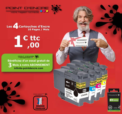 LC426XL - ABONNEMENT - Pack de 4 Cartouches D'encre Noir/Cyan/Magenta/ Jaune - Grande capacité de Marque Française POINT D'ENCRE Pour imprimante compatible BROTHER (ceb)