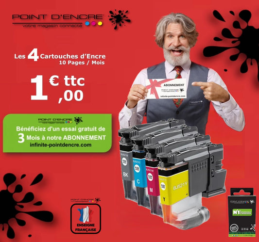 LC521 - ABONNEMENT - Pack de 4 Cartouches D'encre Noir/Cyan/Magenta/ Jaune - Grande capacité de Marque Française POINT D'ENCRE Pour imprimante compatible BROTHER (ceb)