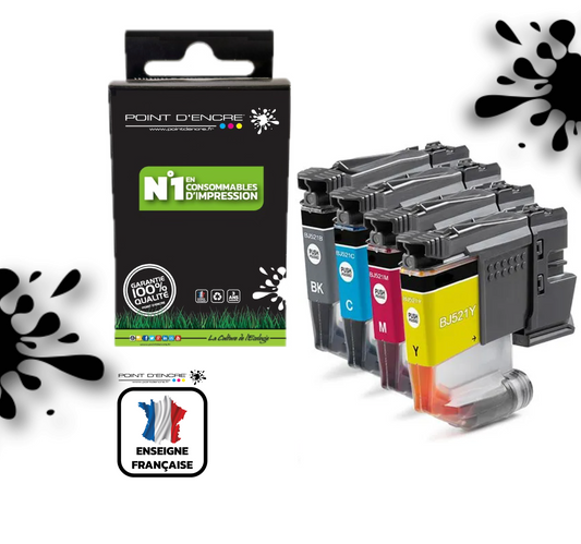 LC521 - ABONNEMENT - Pack de 4 Cartouches D'encre Noir/Cyan/Magenta/ Jaune - Grande capacité de Marque Française POINT D'ENCRE Pour imprimante compatible BROTHER (ceb)
