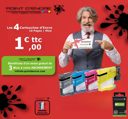 LC527XL - ABONNEMENT - Pack de 4 Cartouches D'encre Noir/Cyan/Magenta/ Jaune - Grande capacité de Marque Française POINT D'ENCRE Pour imprimante compatible BROTHER (ceb)